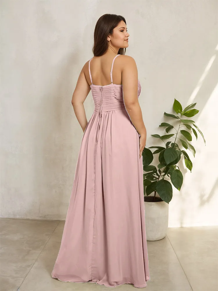 Spaghetti Straps Floor Length Plus Size V-neck Bridesmaid Dresses with Slit