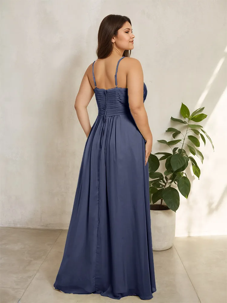 Spaghetti Straps Floor Length Plus Size V-neck Bridesmaid Dresses with Slit