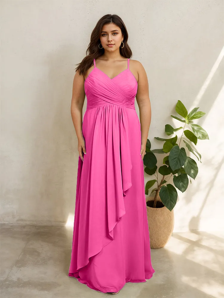 Spaghetti Straps Floor Length Plus Size V-neck Bridesmaid Dresses with Slit