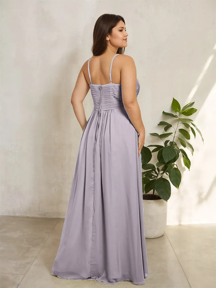 Spaghetti Straps Floor Length Plus Size V-neck Bridesmaid Dresses with Slit