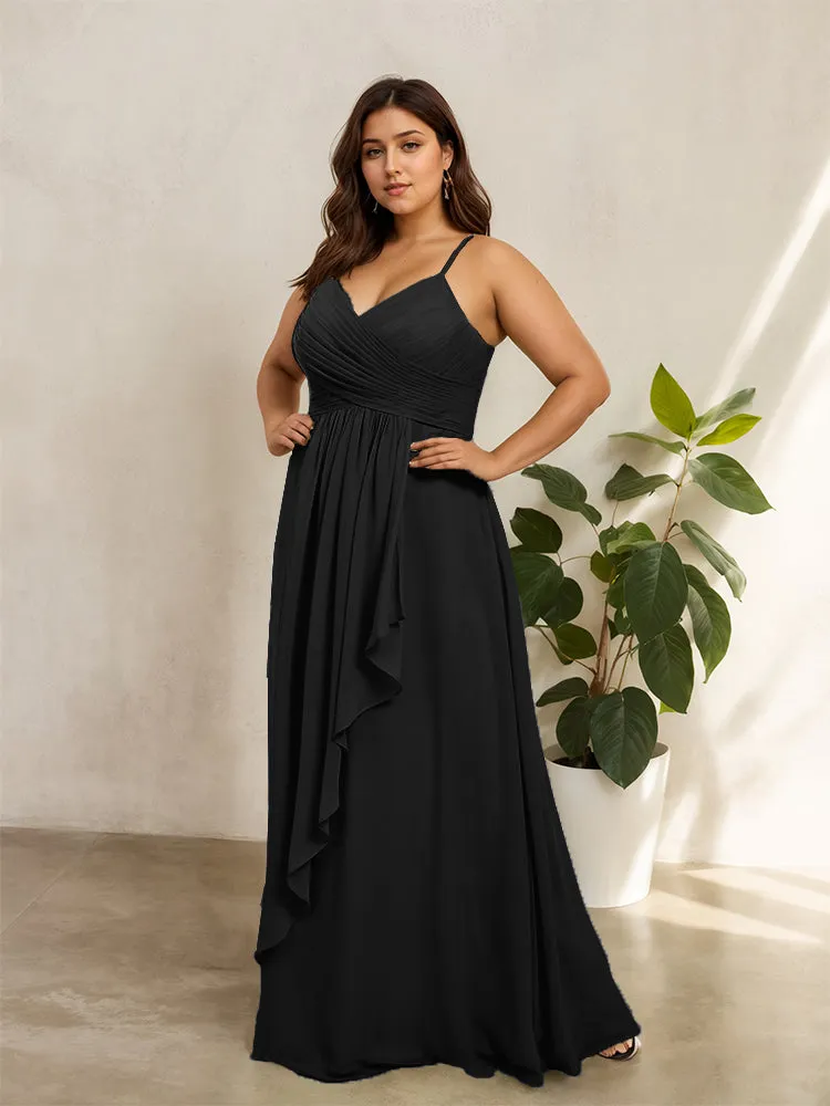 Spaghetti Straps Floor Length Plus Size V-neck Bridesmaid Dresses with Slit