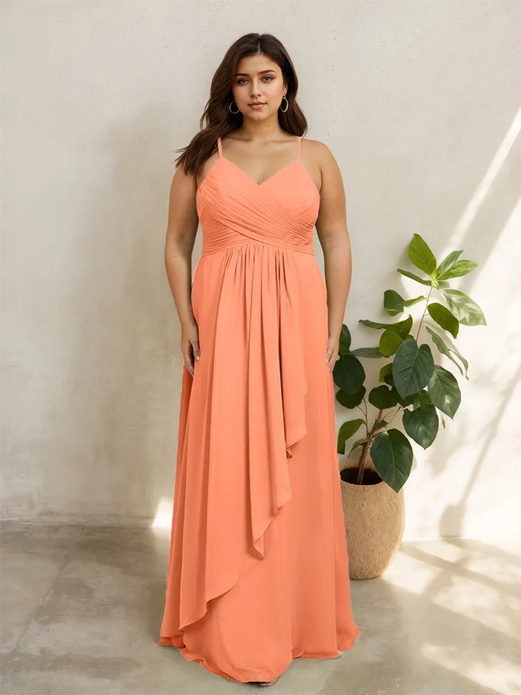 Spaghetti Straps Floor Length Plus Size V-neck Bridesmaid Dresses with Slit