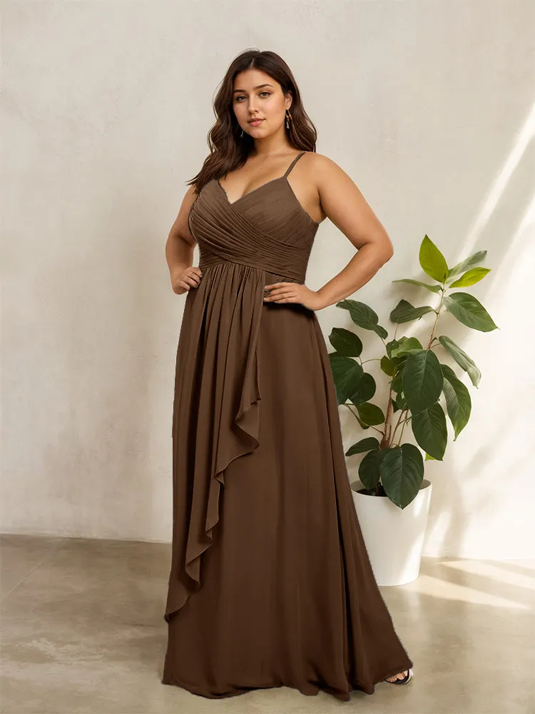 Spaghetti Straps Floor Length Plus Size V-neck Bridesmaid Dresses with Slit