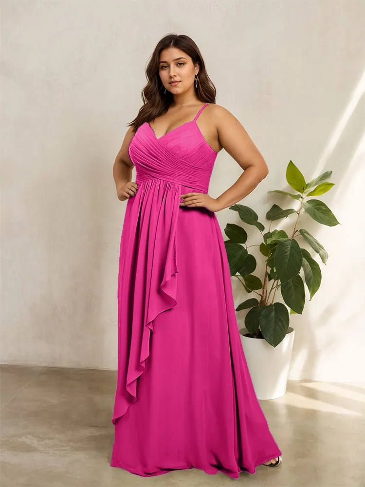 Spaghetti Straps Floor Length Plus Size V-neck Bridesmaid Dresses with Slit