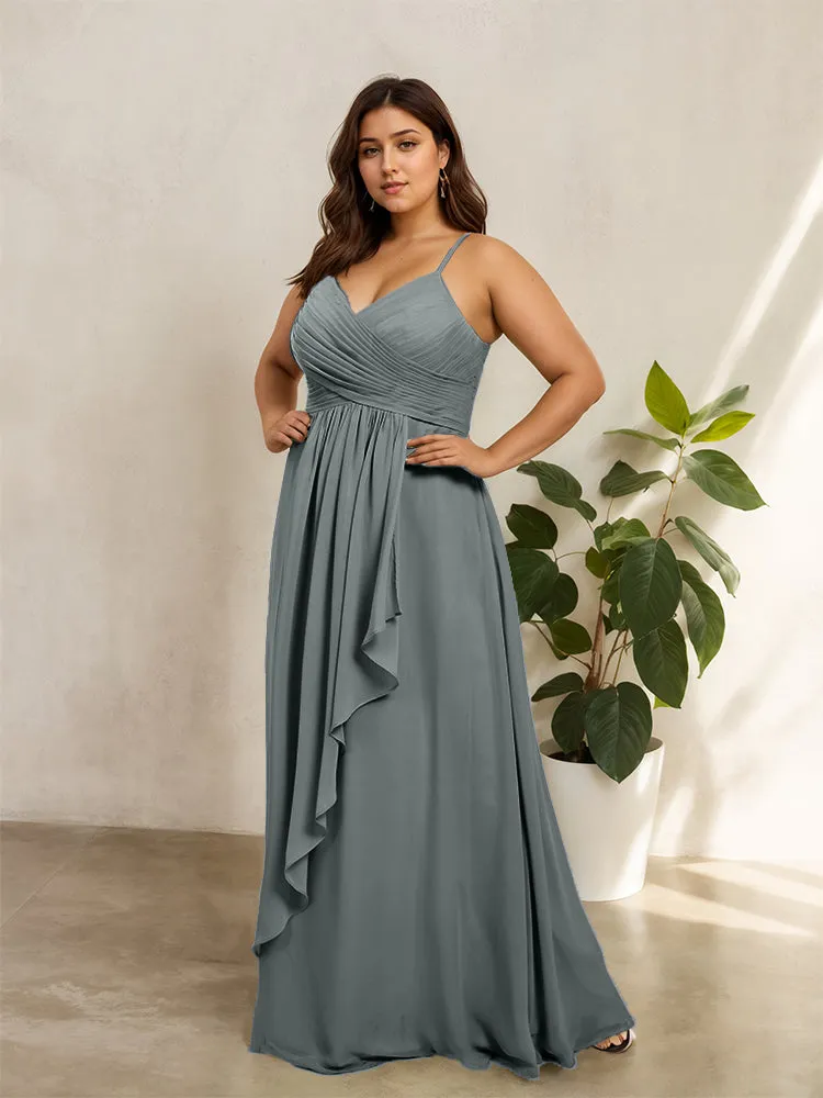 Spaghetti Straps Floor Length Plus Size V-neck Bridesmaid Dresses with Slit