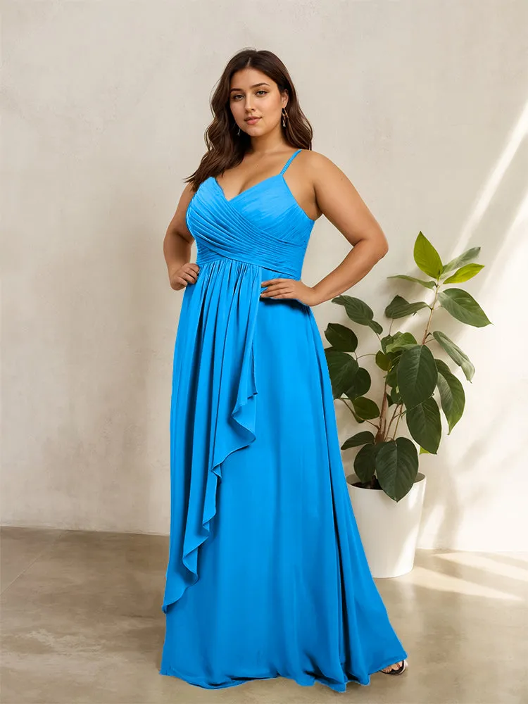 Spaghetti Straps Floor Length Plus Size V-neck Bridesmaid Dresses with Slit