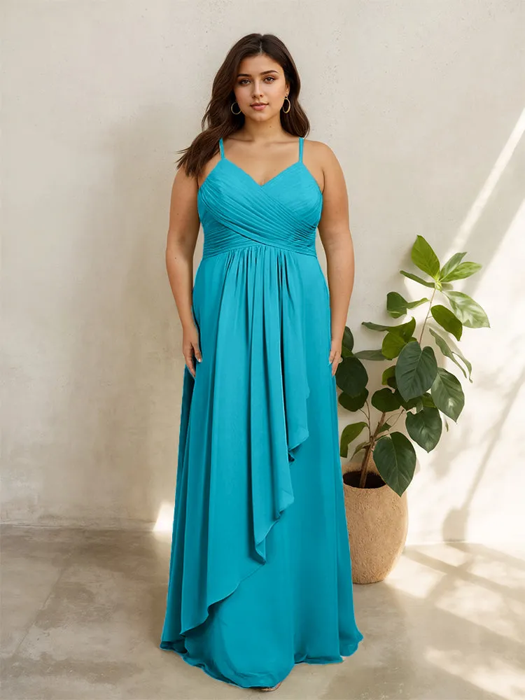 Spaghetti Straps Floor Length Plus Size V-neck Bridesmaid Dresses with Slit