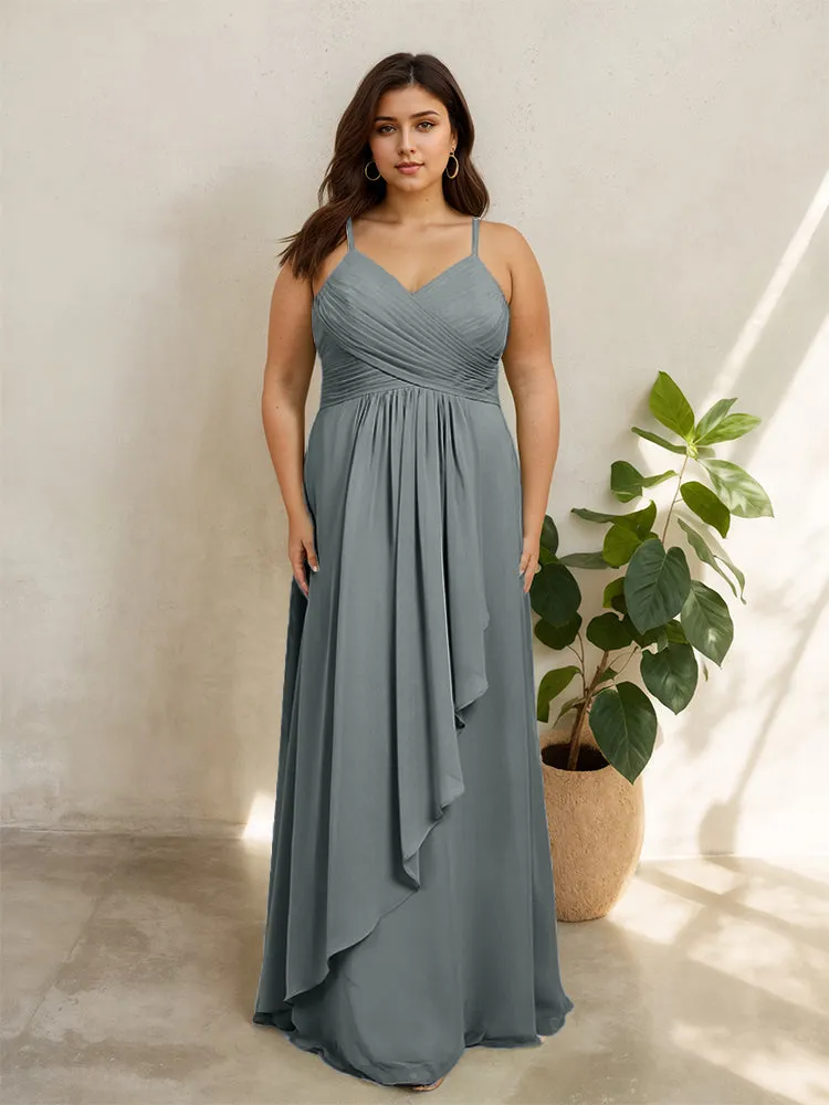 Spaghetti Straps Floor Length Plus Size V-neck Bridesmaid Dresses with Slit