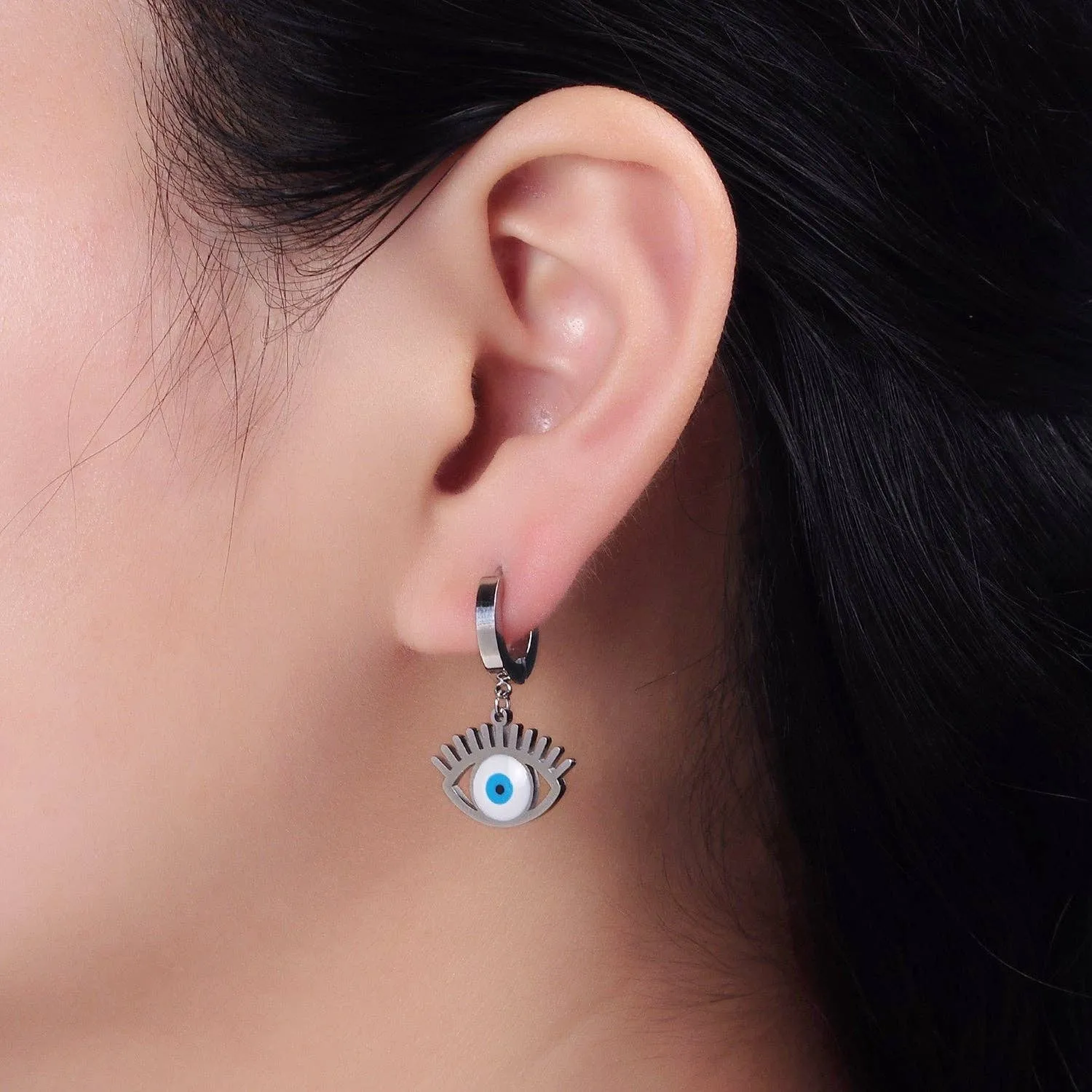 Stainless Steel Evil Eye Lash Enamel Drop Huggie Earrings