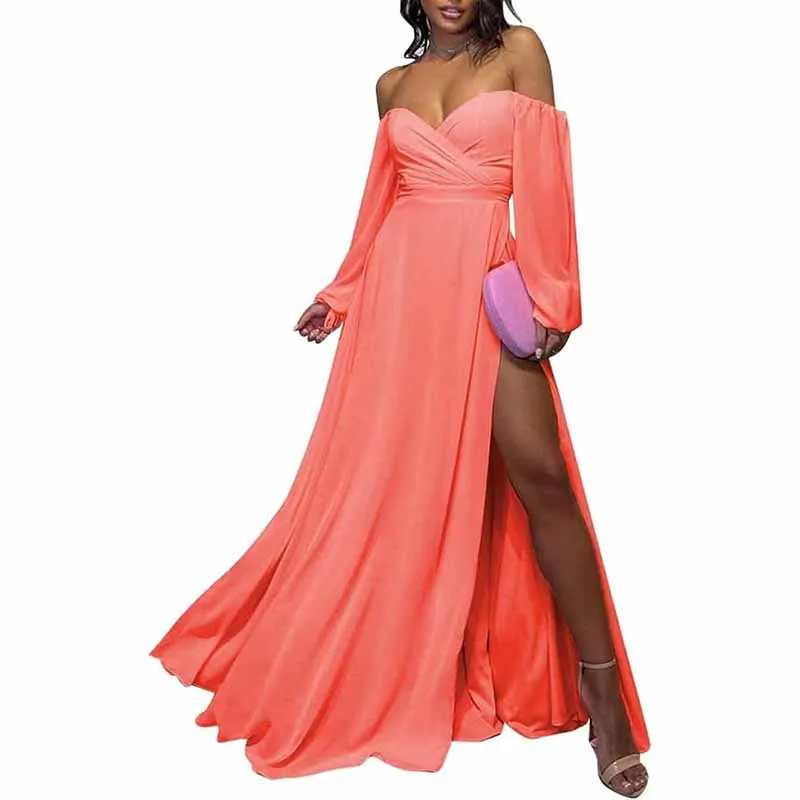 Sweetheart Off The Shoulder Bridesmaid Dresses Chiffon Evening Dresses with Slit