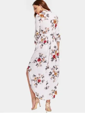 TastyHottie - Floral Print High Slit Belted Asymmetric Dress Floral Print High Slit Belted Asymmetric Dress