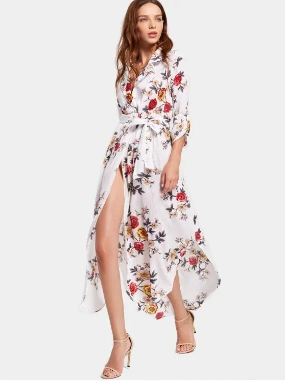 TastyHottie - Floral Print High Slit Belted Asymmetric Dress Floral Print High Slit Belted Asymmetric Dress