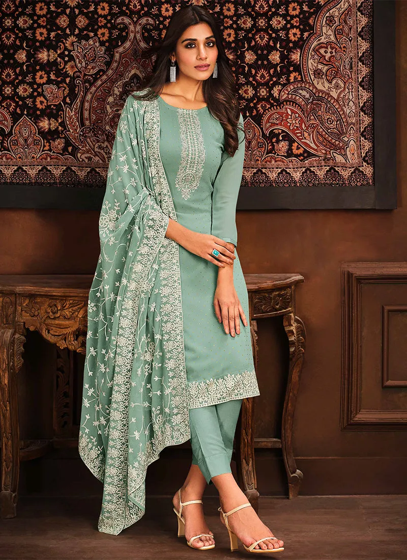 Teal Blue Chikankari Embroidery Georgette Salwar Kameez Suit