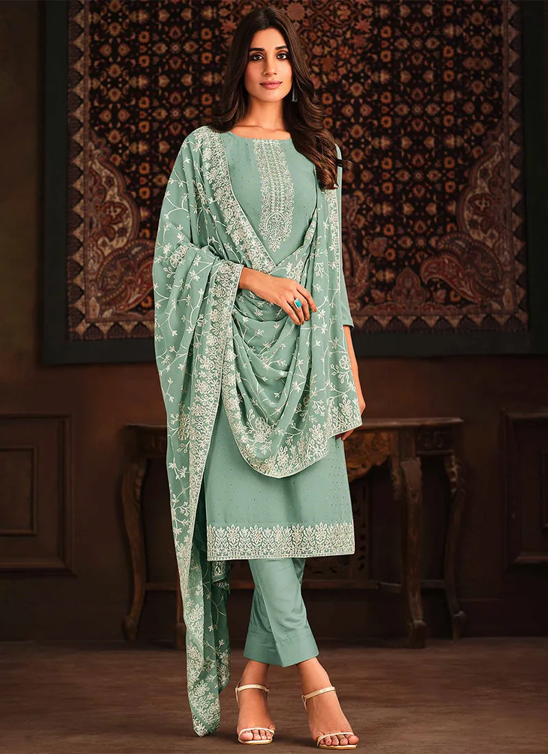 Teal Blue Chikankari Embroidery Georgette Salwar Kameez Suit