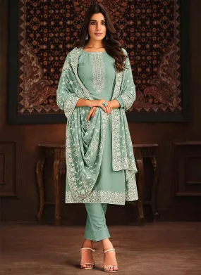 Teal Blue Chikankari Embroidery Georgette Salwar Kameez Suit