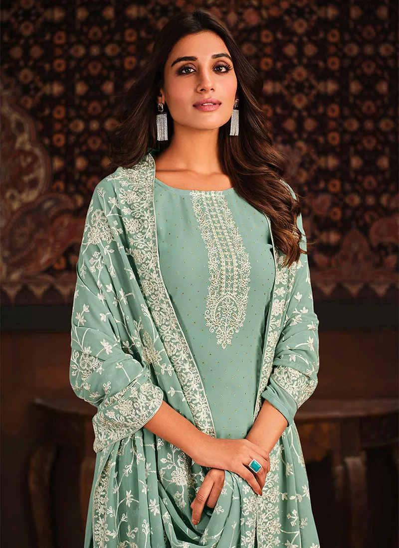 Teal Blue Chikankari Embroidery Georgette Salwar Kameez Suit