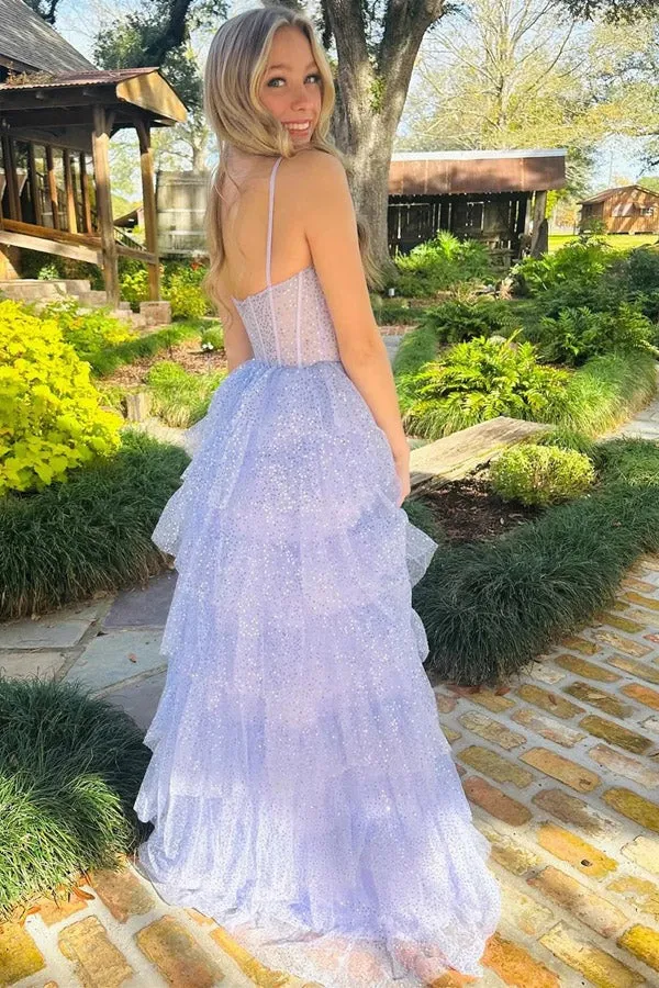 Tulle Sequin Ruffle Tiered Long Prom Dresses,Lavender Formal Dresses