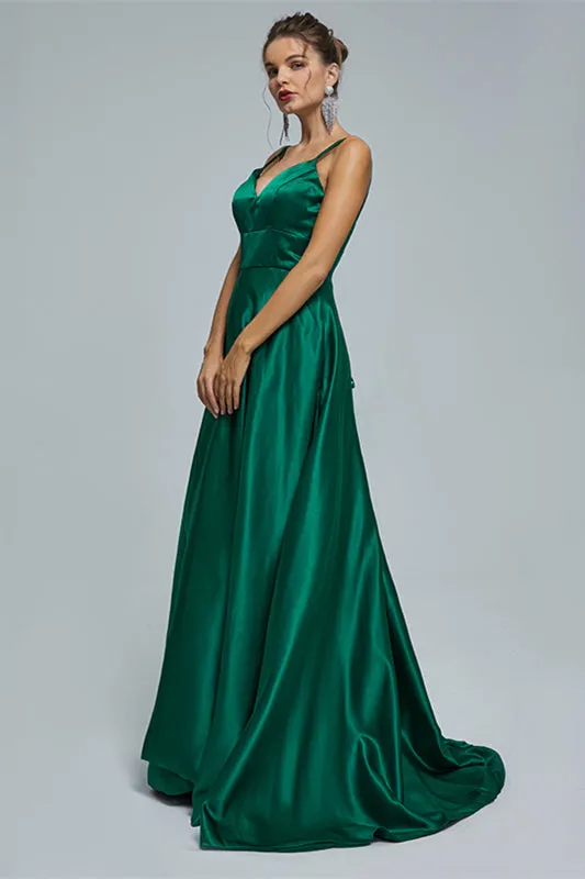 V-Neck Spaghetti Strap with Pocket Side Slit Special Long Prom Dresses