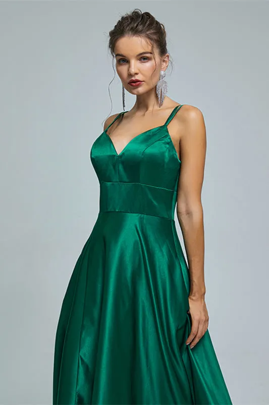 V-Neck Spaghetti Strap with Pocket Side Slit Special Long Prom Dresses