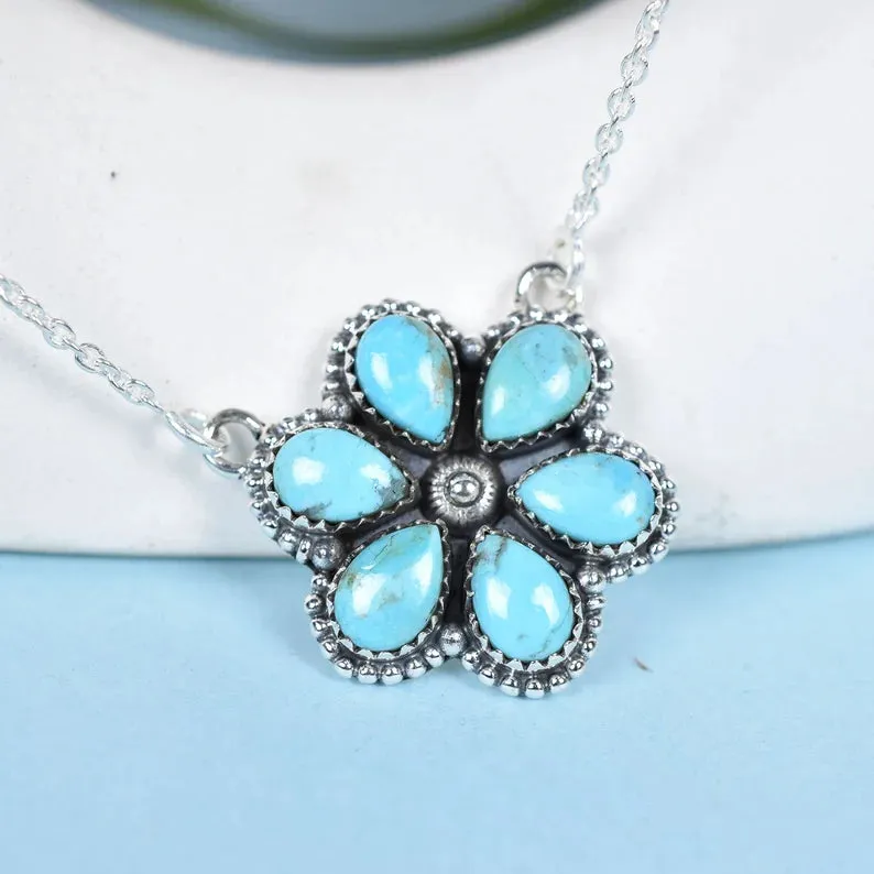 Vintage Turquoise Cluster Pendant - 925 Sterling Silver Southwestern Style Pendant