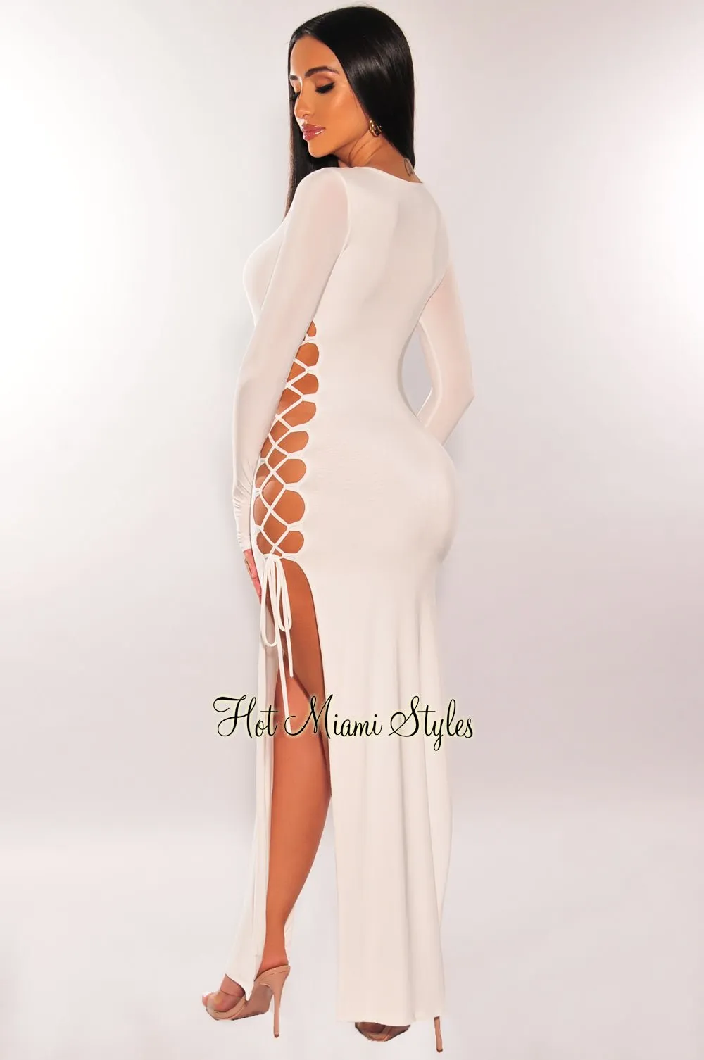 White Lace Up Long Sleeve Double Slit Dress