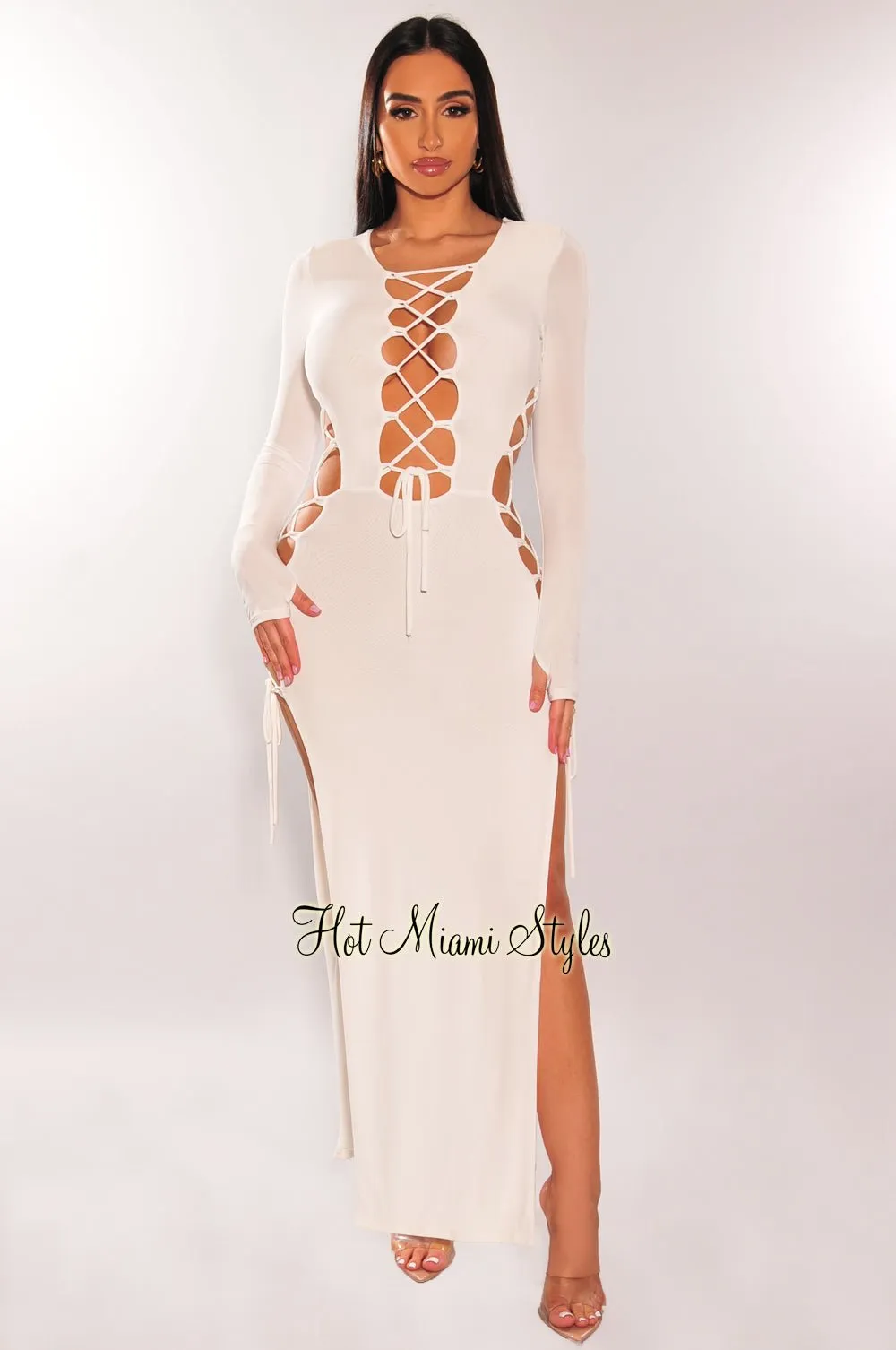 White Lace Up Long Sleeve Double Slit Dress