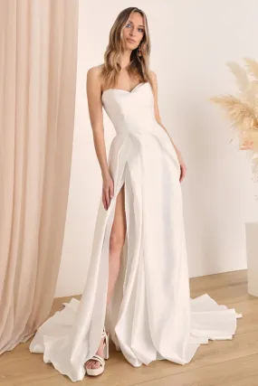 White Satin Strapless A-Line Gown Slit Wedding Dresses Court Train Dresses