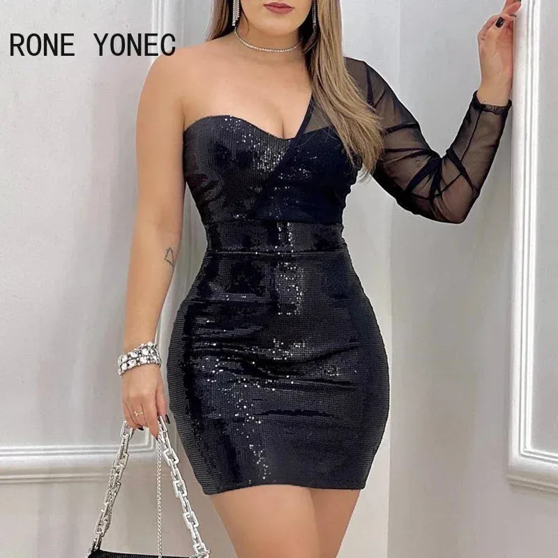 Women Chic Sequins One Shoulder Long Sleeves Sexy Mini Bodycon dress