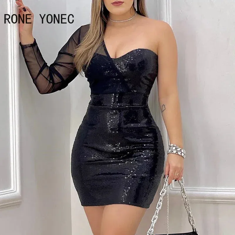 Women Chic Sequins One Shoulder Long Sleeves Sexy Mini Bodycon dress